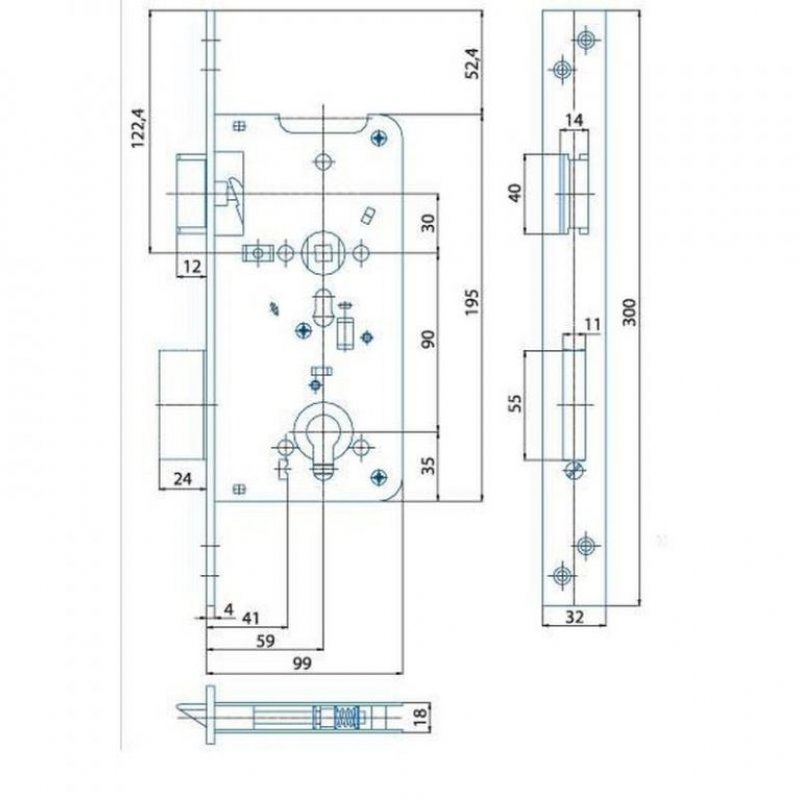 Zadlabací zámek K131 - rozměry