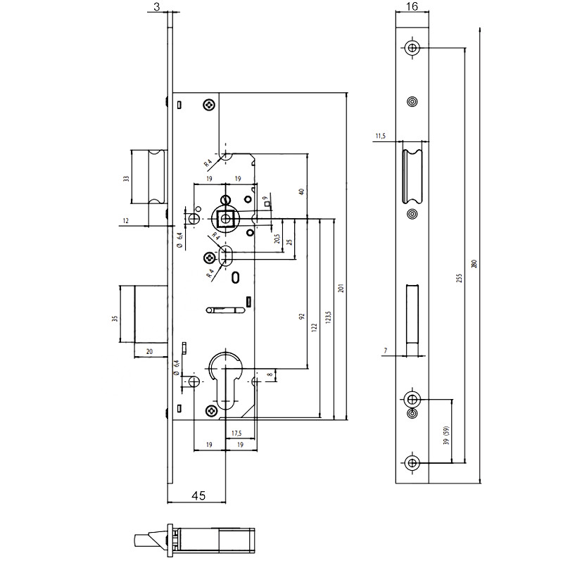 Panikový zámek KFV EP-99BFS - rozměry