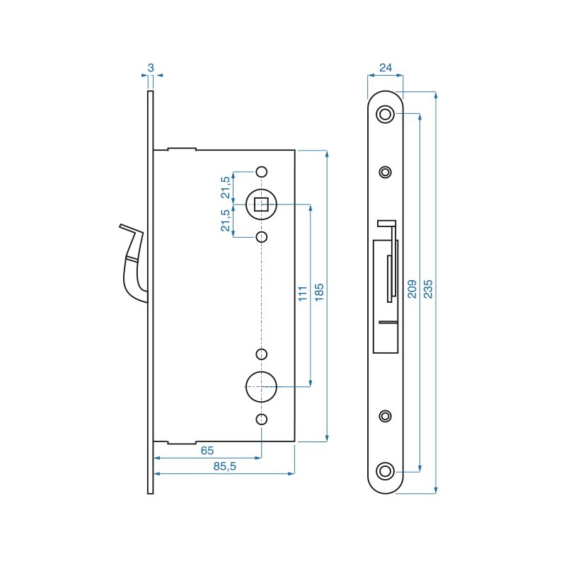 Pasivní křídlo panikový zámek - rozměry