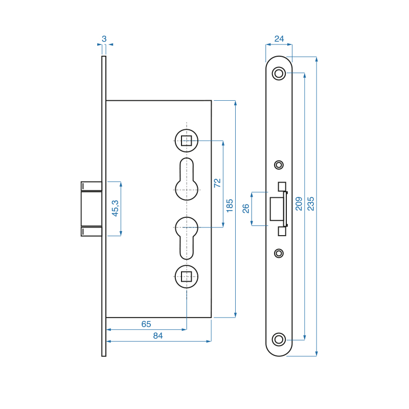 Překlopný panikový zámek ISEO - rozměry