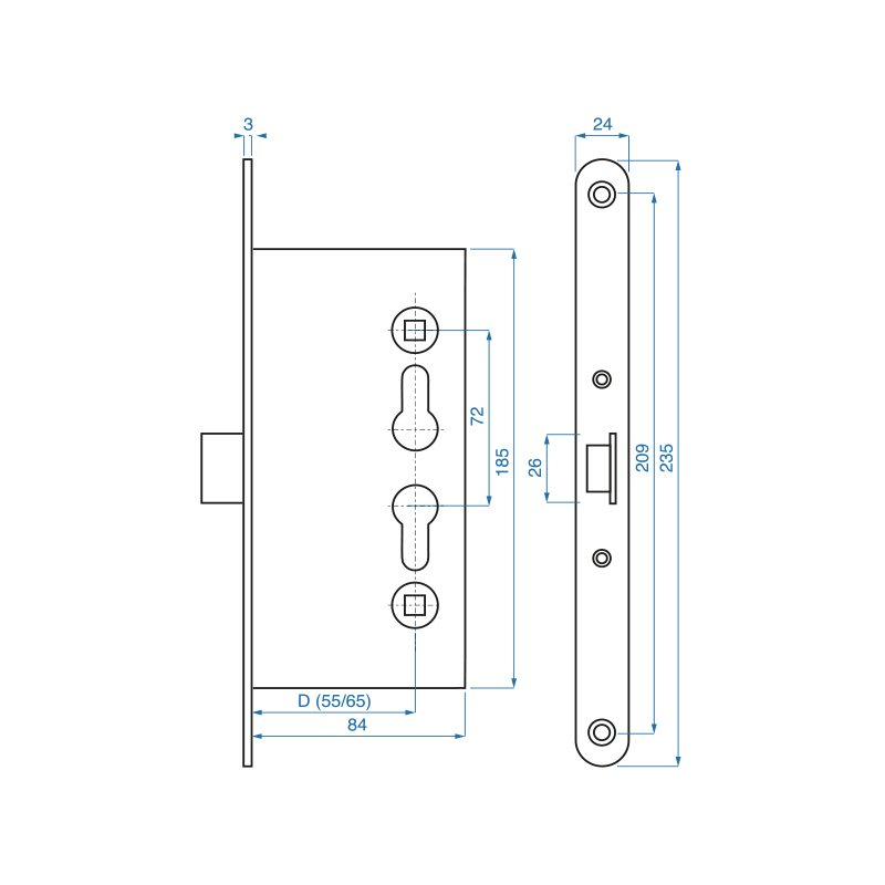 Překlopný zámek ISEO - rozmery