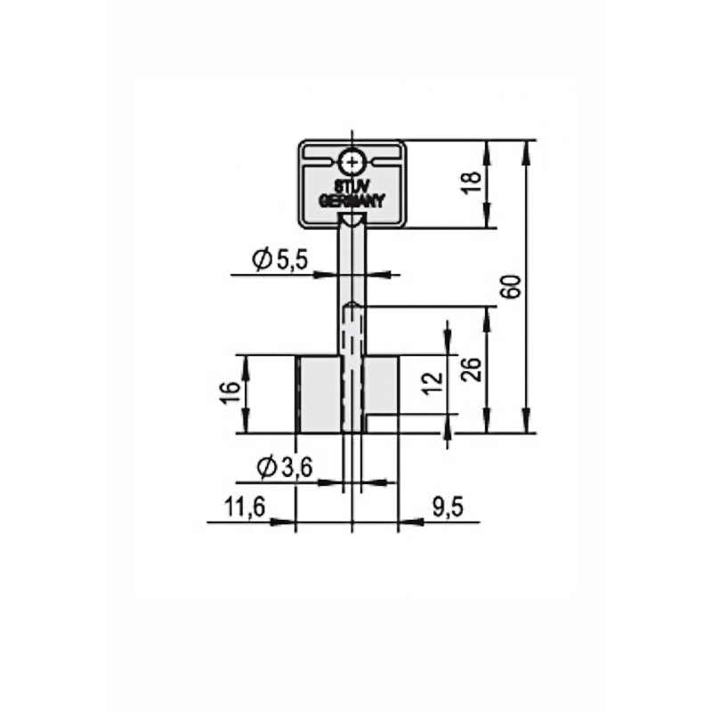 Trezorový klíč STUV vrtaný 60mm- rozměry